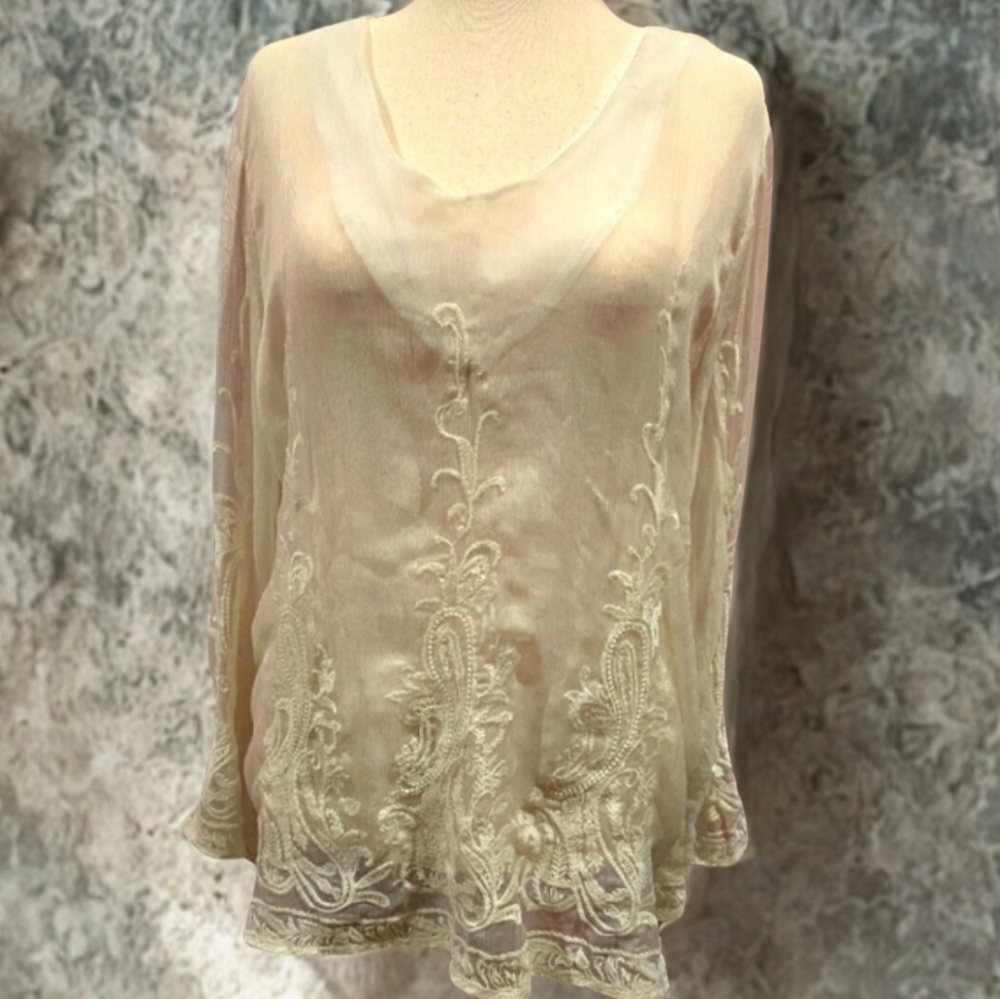 EUC Elegant Cream Embroidered Sheer Women's Top Forgotten Grace